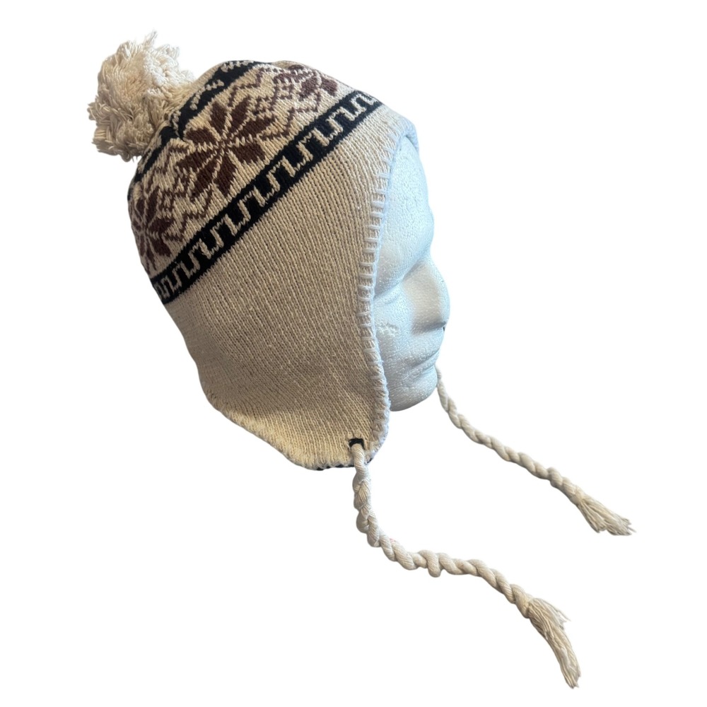Fair Isle Knit Trapper Hat with Ear Flaps and Pom Pom Cream Brown Snowflake
